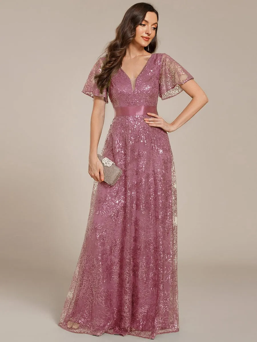 Illusion V-neck Sequin Maxi Evening Dress
