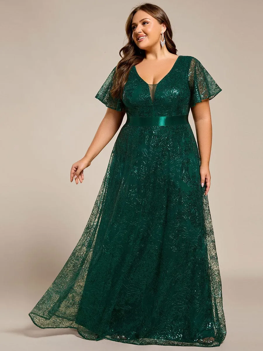 Illusion V-neck Sequin Maxi Evening Dress