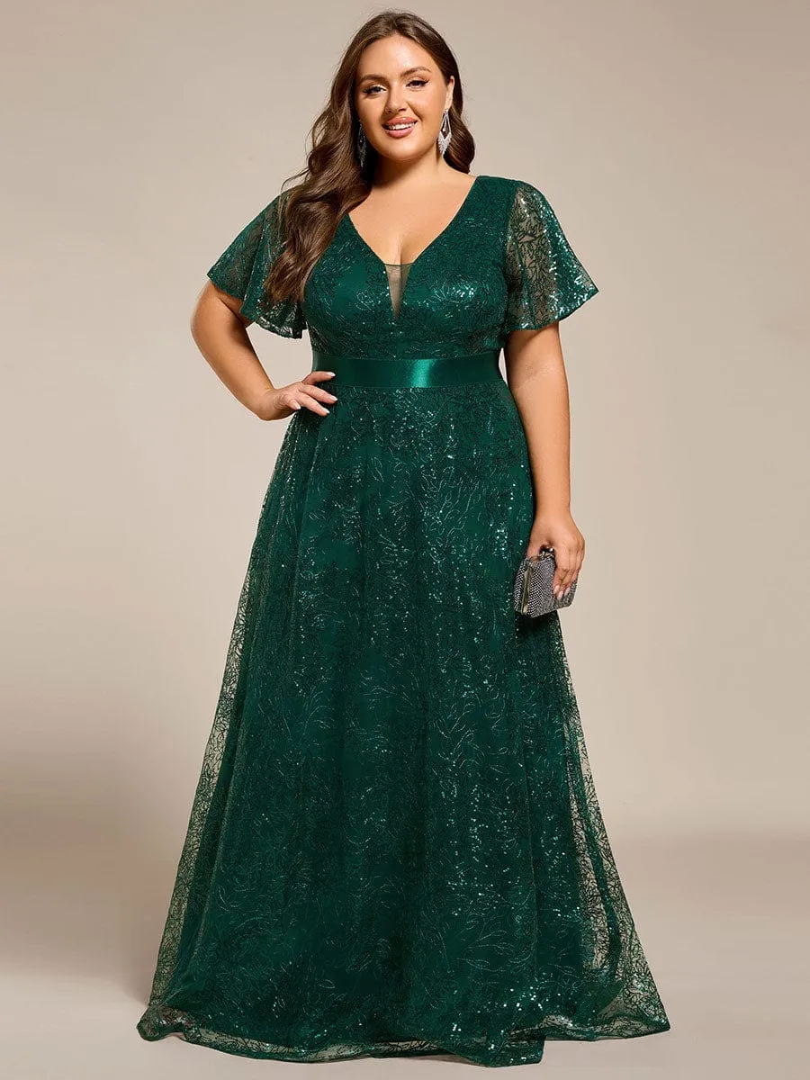 Illusion V-neck Sequin Maxi Evening Dress