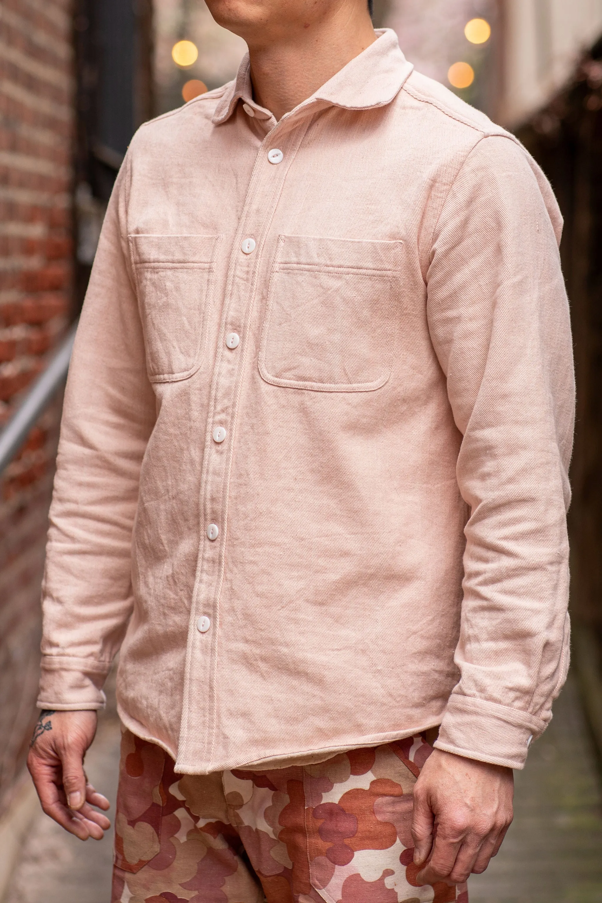 Indi   Ash LS Ames Workshirt - Sappanwood Pink Handwoven Denim