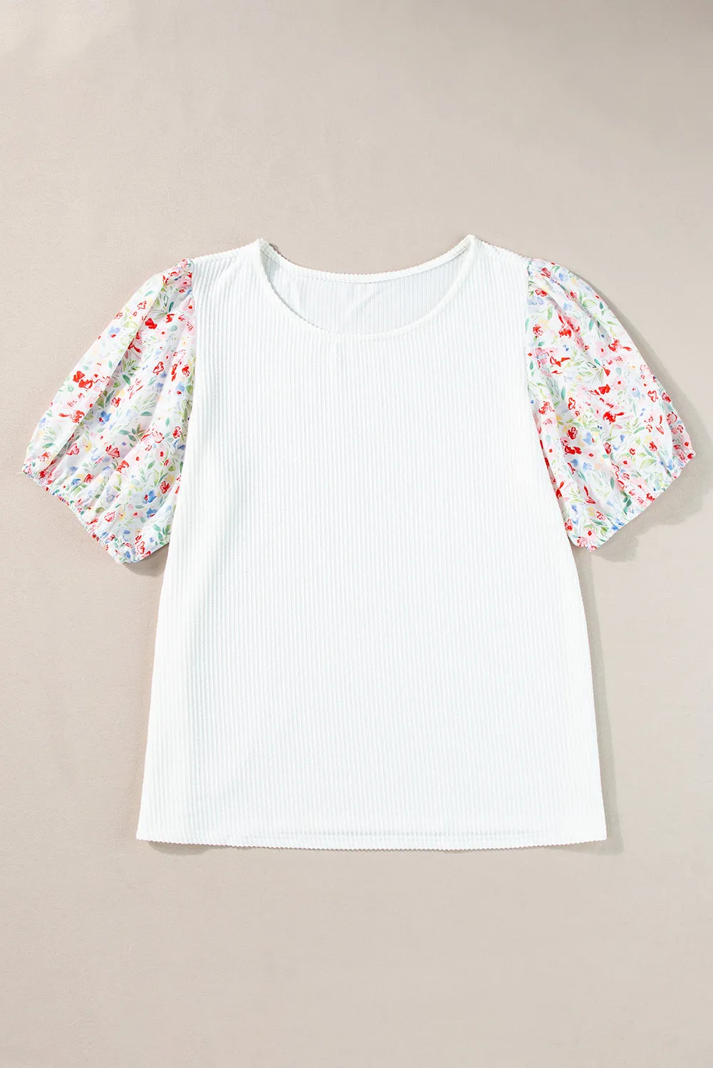 Kinslee Contrast Floral Puff Sleeve Ribbed Knit Plus Size Blouse