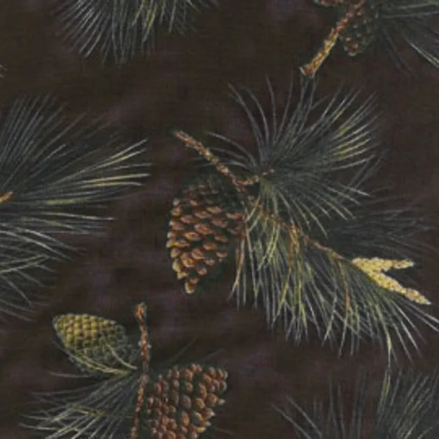 Kona Bay Fabrics Outdoor Green Pine Leaf & Cone on Black Cotton Prints