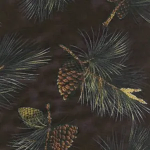 Kona Bay Fabrics Outdoor Green Pine Leaf & Cone on Black Cotton Prints