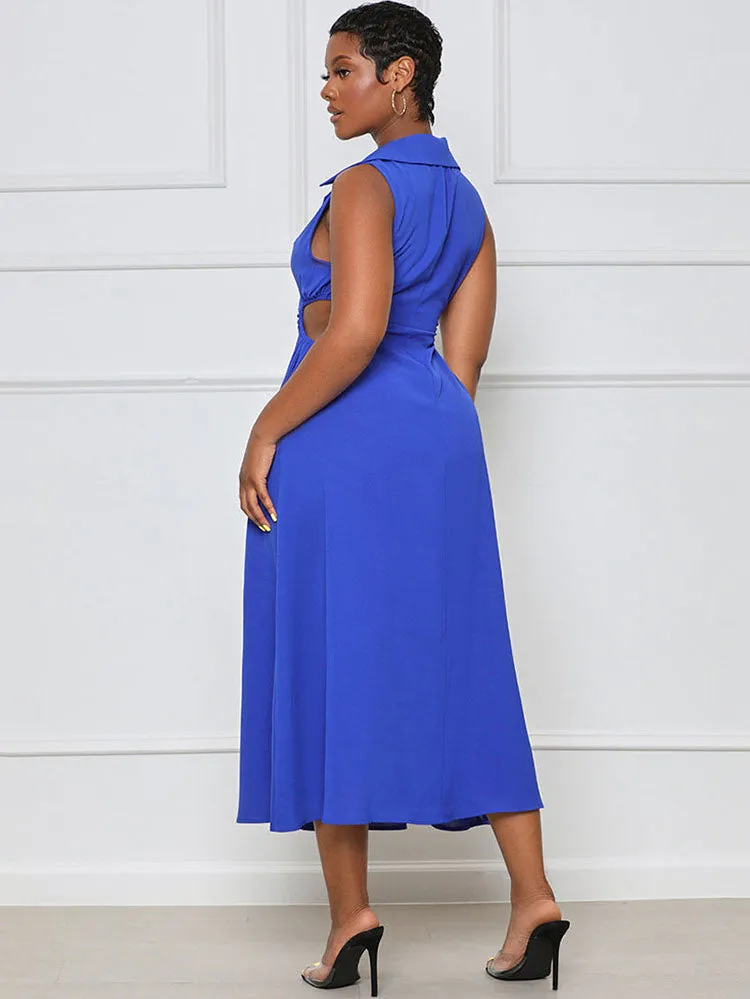 Lapel V Neck Sleeveless Maxi Dresses