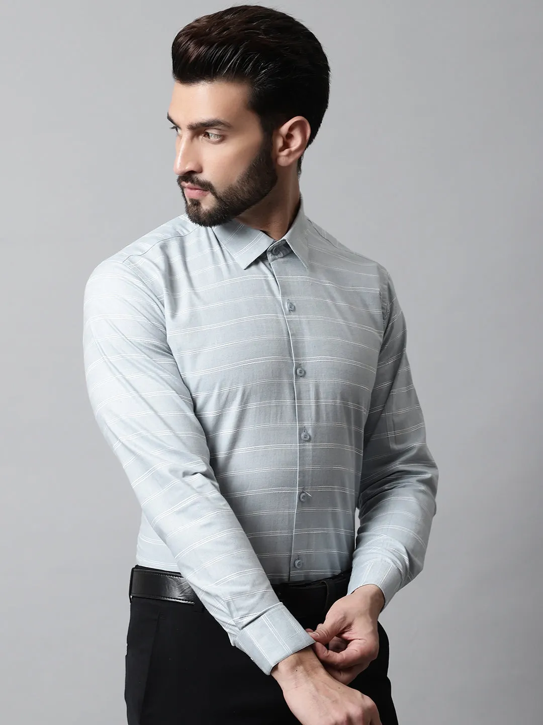 Men Grey Classic Striped Formal Cotton Shirt