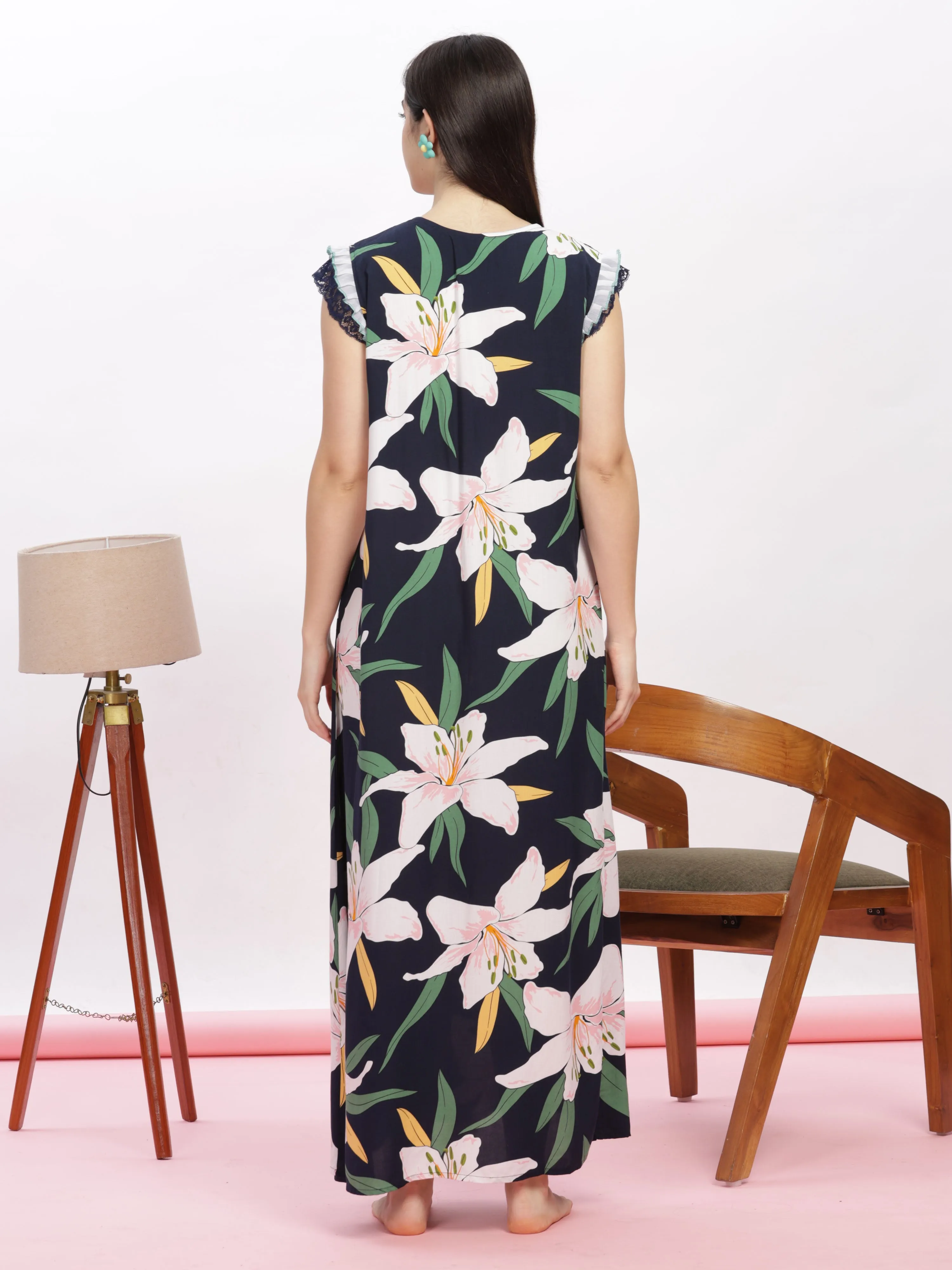 Midnight Blue Floral Rayon Nighty with Lace & Pocket