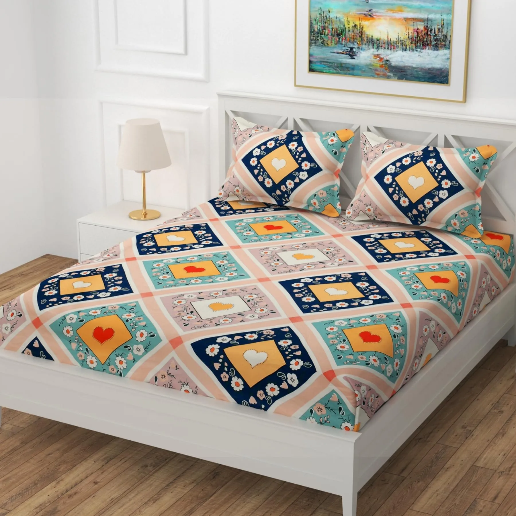REALDREAM® bedsheet for Double Bed Elastic Fitted, King Size bedsheet with Elastic Fitted, Double bedsheet Cotton with 2 Pillow Covers (72 x 78 x 8 Inches) (Heart-Multi)