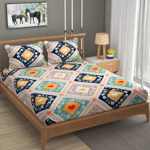 REALDREAM® bedsheet for Double Bed Elastic Fitted, King Size bedsheet with Elastic Fitted, Double bedsheet Cotton with 2 Pillow Covers (72 x 78 x 8 Inches) (Heart-Multi)