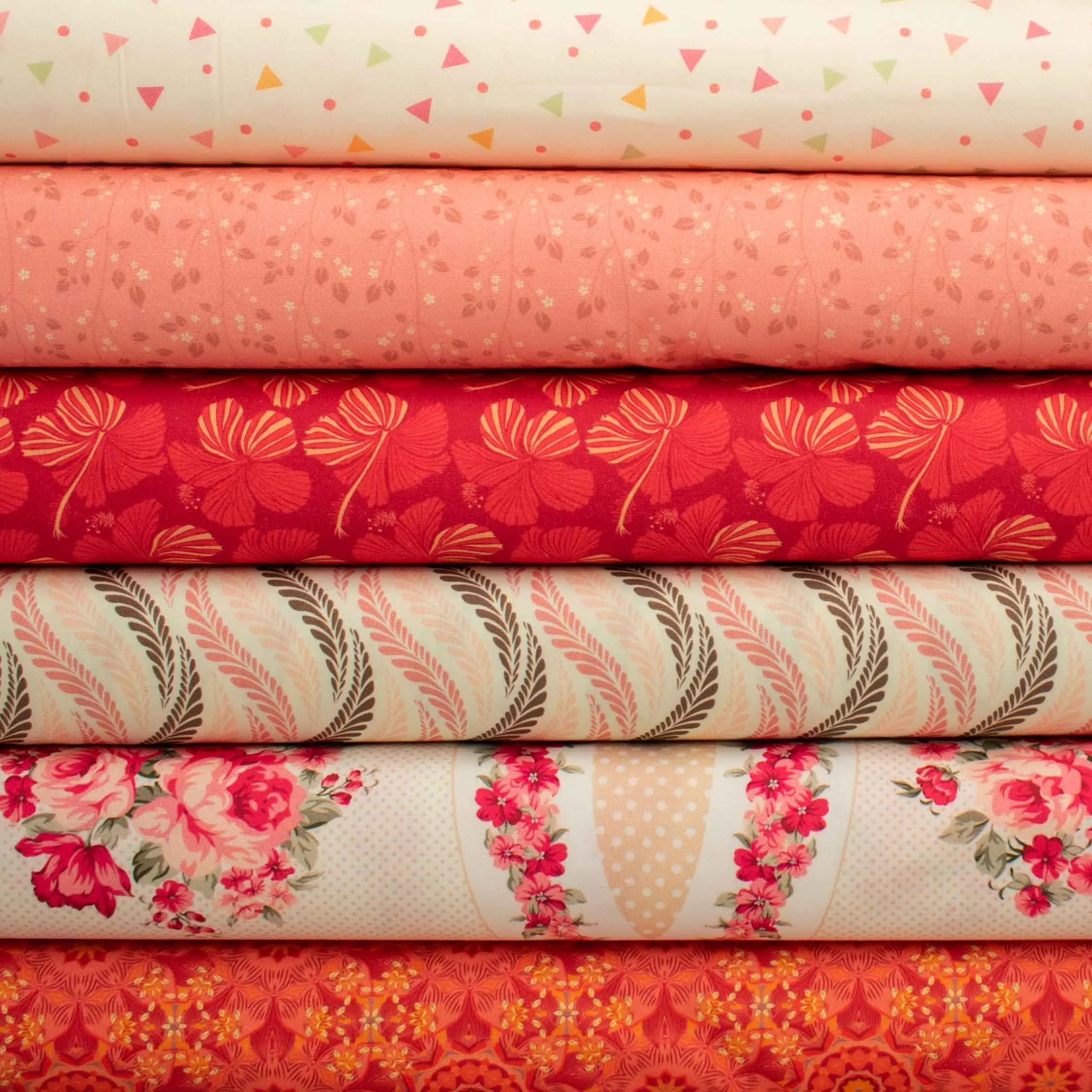 Ruby Red Collection #07 Pink & Grey Leaves on Pale Yellow Cotton Prints