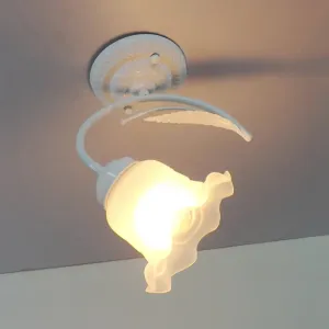 Rustic Scalloped Opal Glass Semi Flush Ceiling Light Fixture with Curved Arm in White/Black