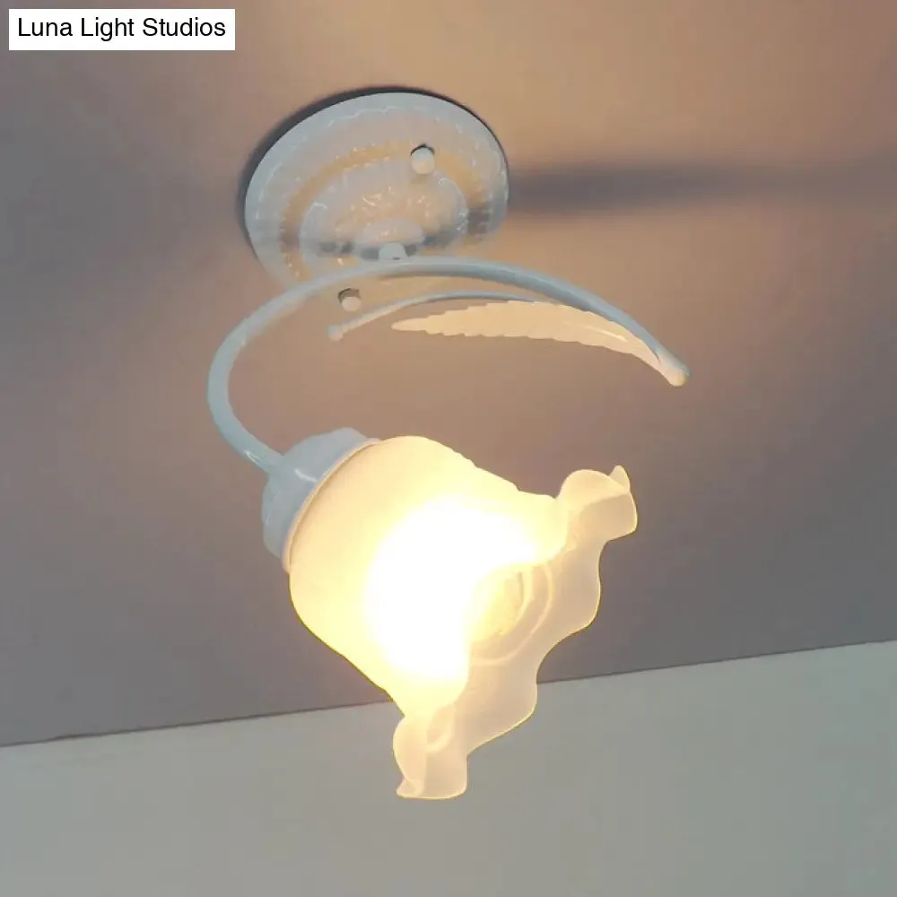 Rustic Scalloped Opal Glass Semi Flush Ceiling Light Fixture with Curved Arm in White/Black