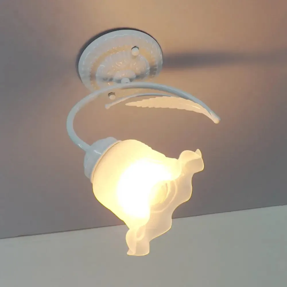 Rustic Scalloped Opal Glass Semi Flush Ceiling Light Fixture with Curved Arm in White/Black