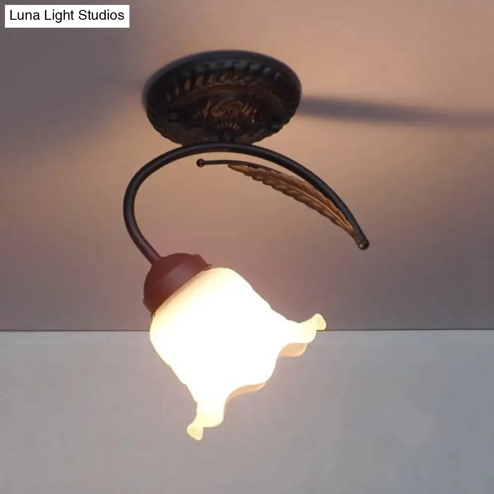 Rustic Scalloped Opal Glass Semi Flush Ceiling Light Fixture with Curved Arm in White/Black