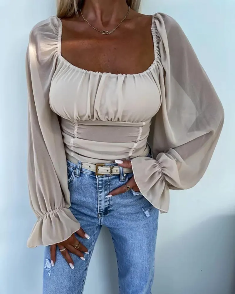 Scoop Neck Lantern Sleeve Shirred Top