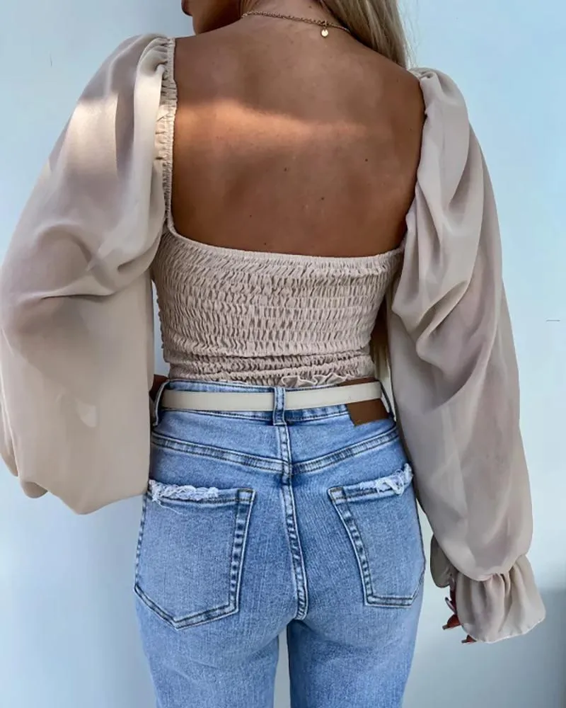 Scoop Neck Lantern Sleeve Shirred Top