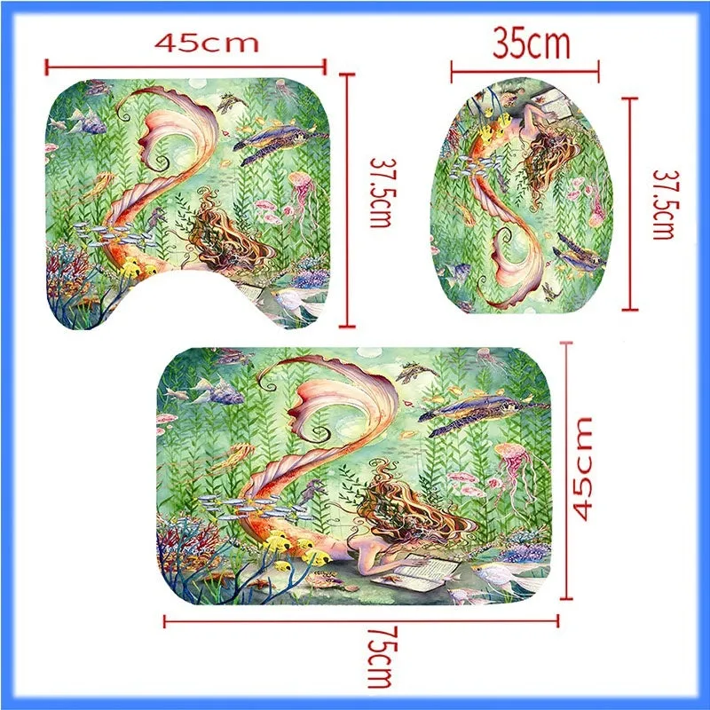 Sea Turtles Mermaid Waterproof Bathroom Shower Curtain Toilet Cover Mat Non-Slip Rug Set