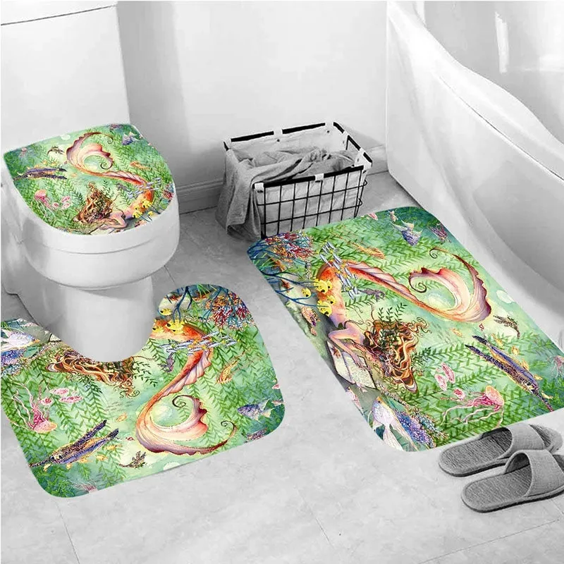 Sea Turtles Mermaid Waterproof Bathroom Shower Curtain Toilet Cover Mat Non-Slip Rug Set