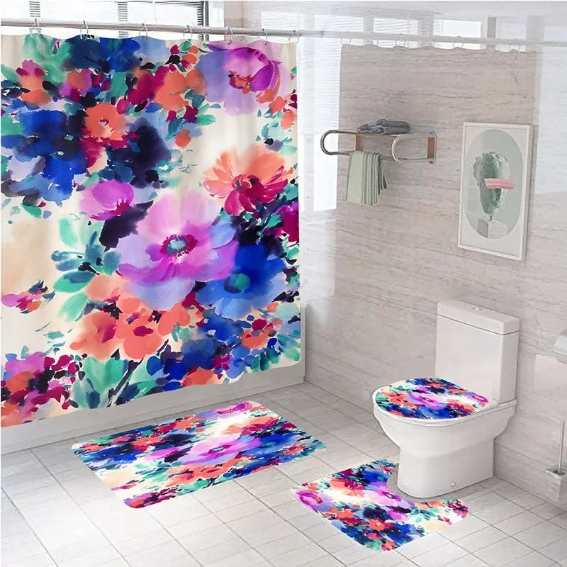 Sea Turtles Mermaid Waterproof Bathroom Shower Curtain Toilet Cover Mat Non-Slip Rug Set