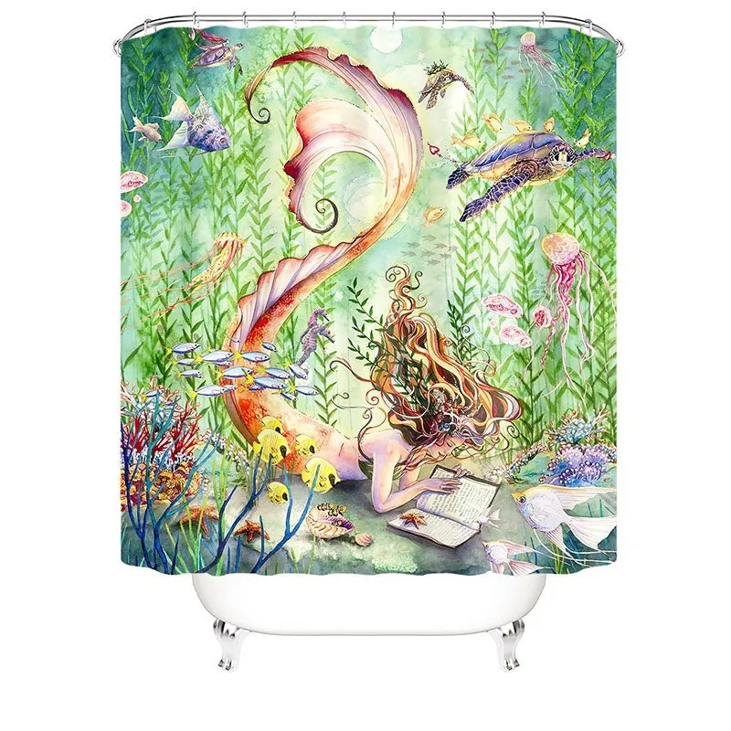 Sea Turtles Mermaid Waterproof Bathroom Shower Curtain Toilet Cover Mat Non-Slip Rug Set