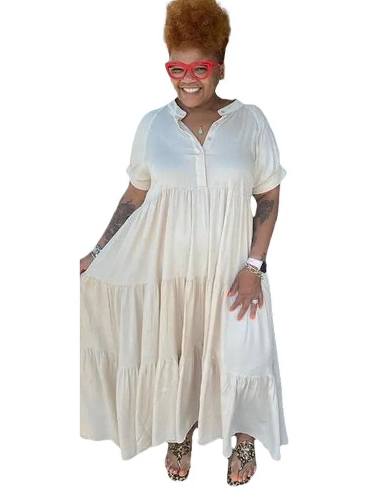 Short Sleeves Button Ruffle Maxi Dresses