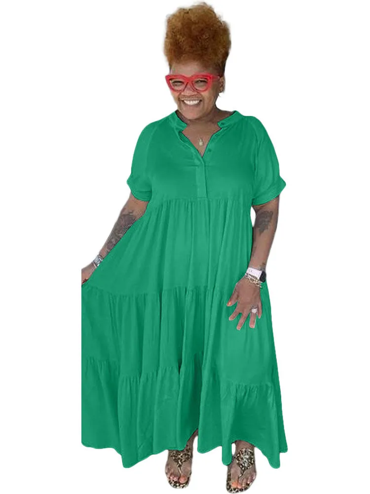 Short Sleeves Button Ruffle Maxi Dresses