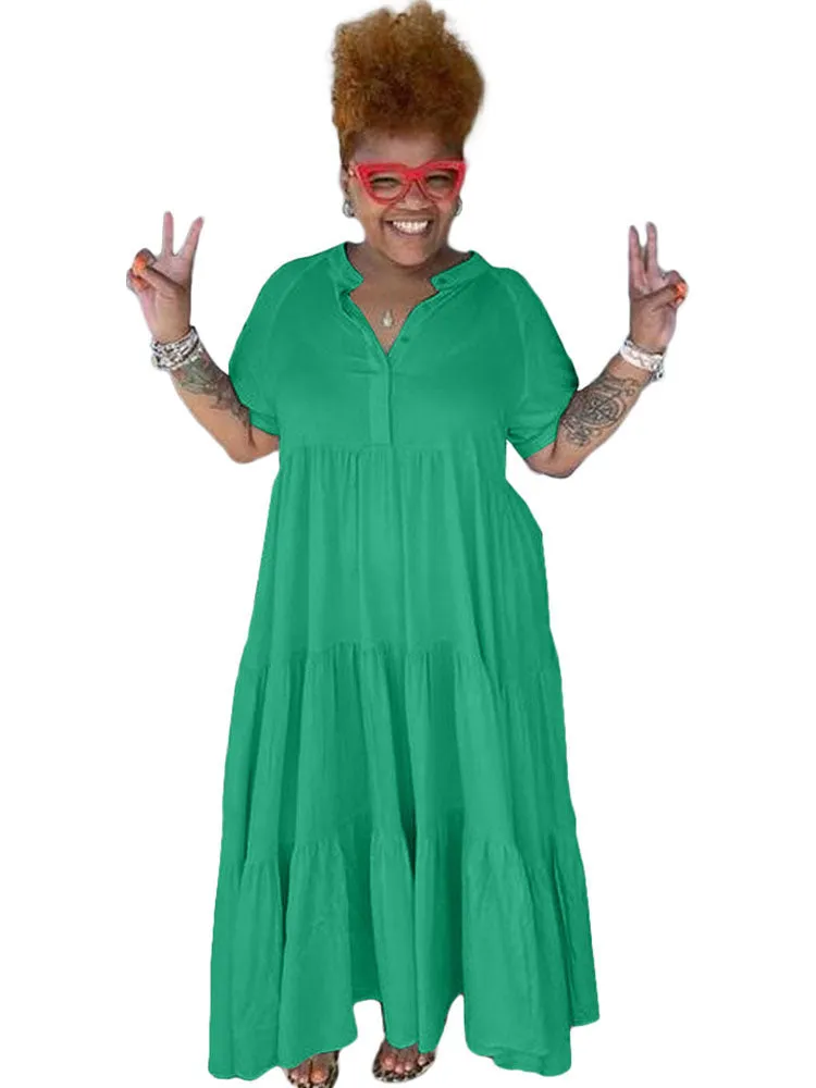 Short Sleeves Button Ruffle Maxi Dresses