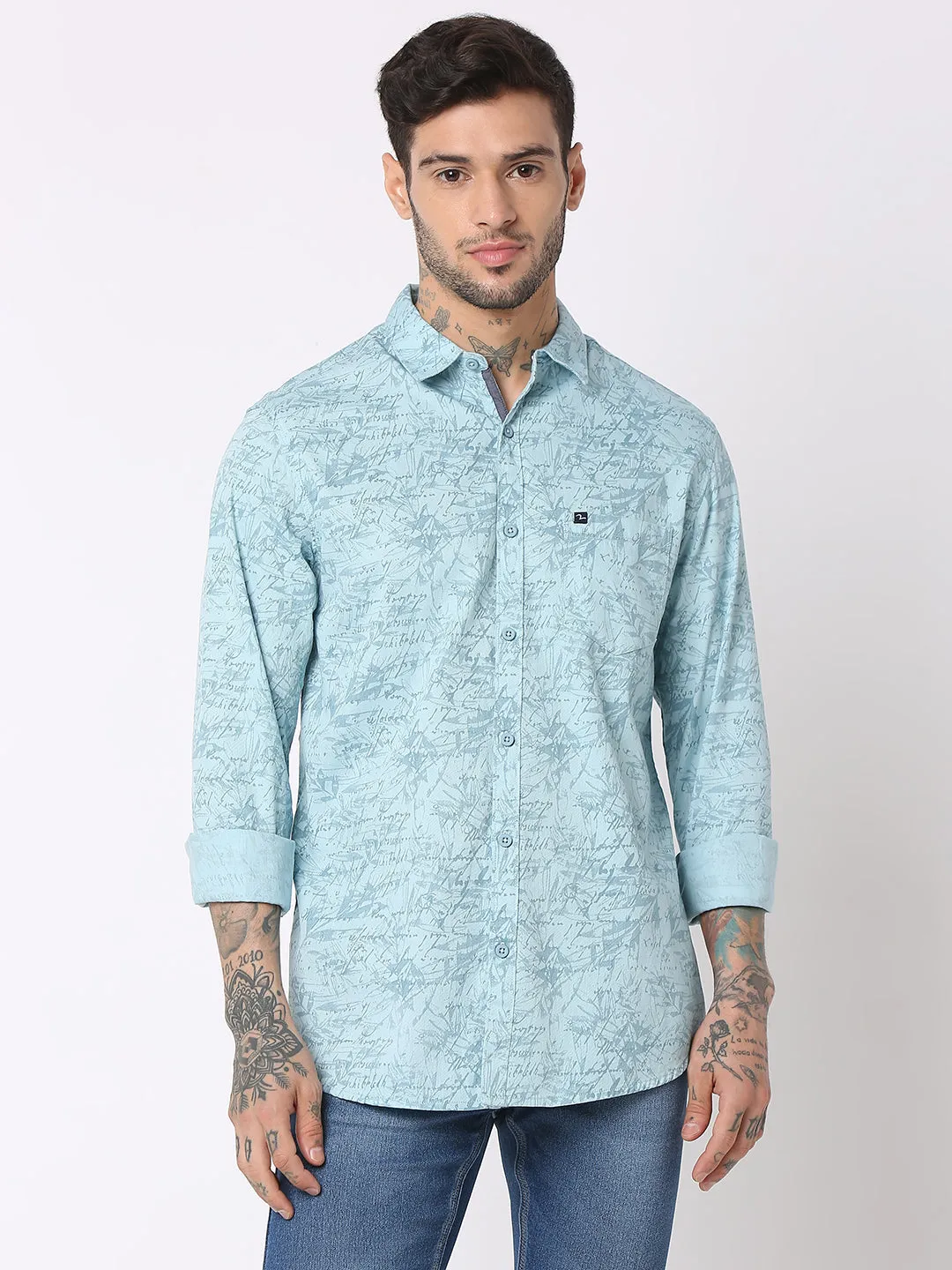 Spykar Men Aqua Cotton Slim Fit Printed Shirts