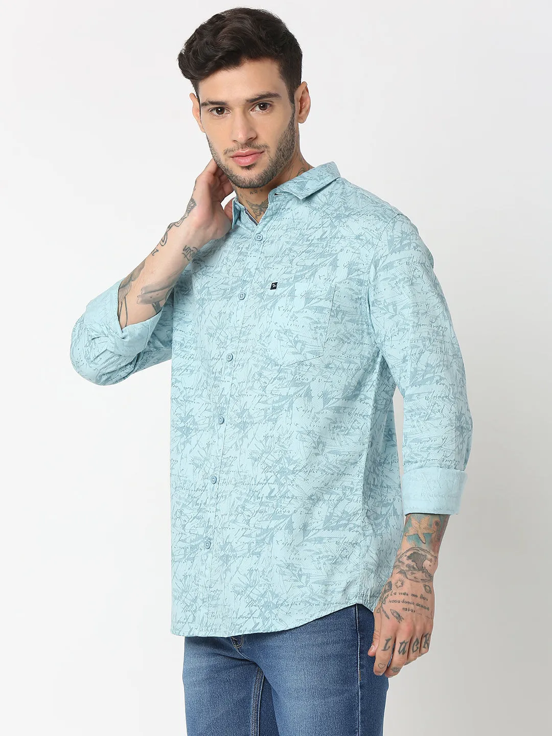 Spykar Men Aqua Cotton Slim Fit Printed Shirts