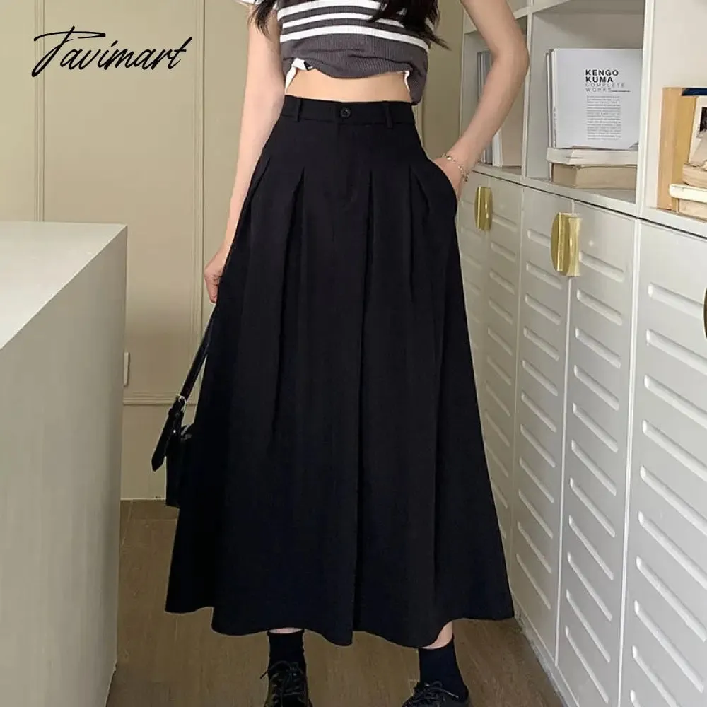 Tavimart Elegant Women Long Black Suits Skirts For Female Pockets OL Casual  Loose A-Line High Waist Midi Skirt Summer Autumn SK35