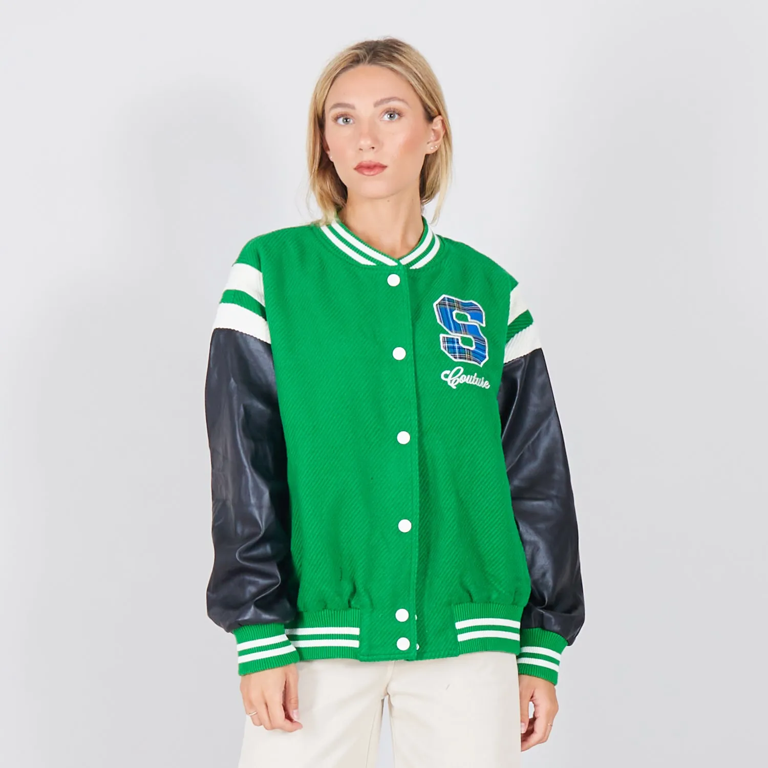 Wholesale collage jacket with faux leather sleeves