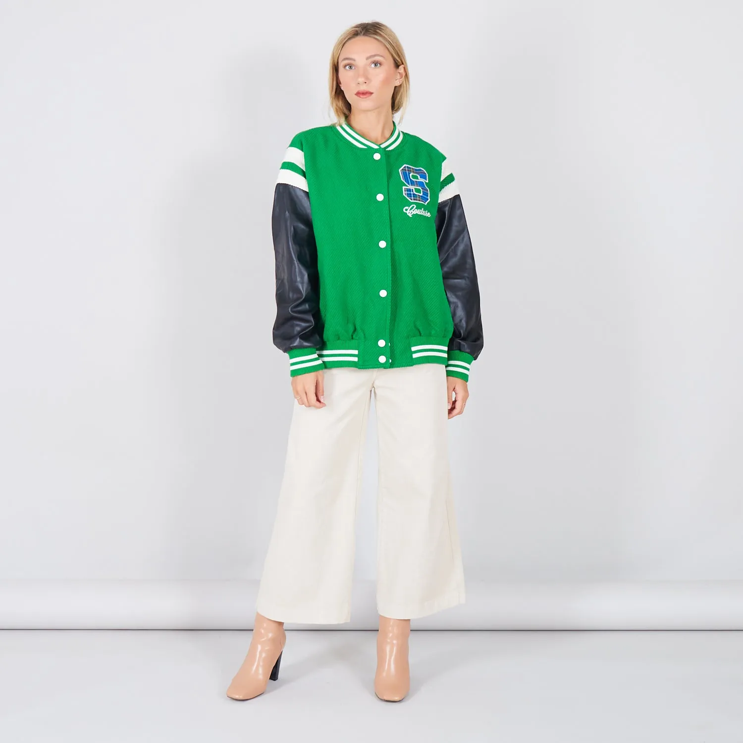 Wholesale collage jacket with faux leather sleeves