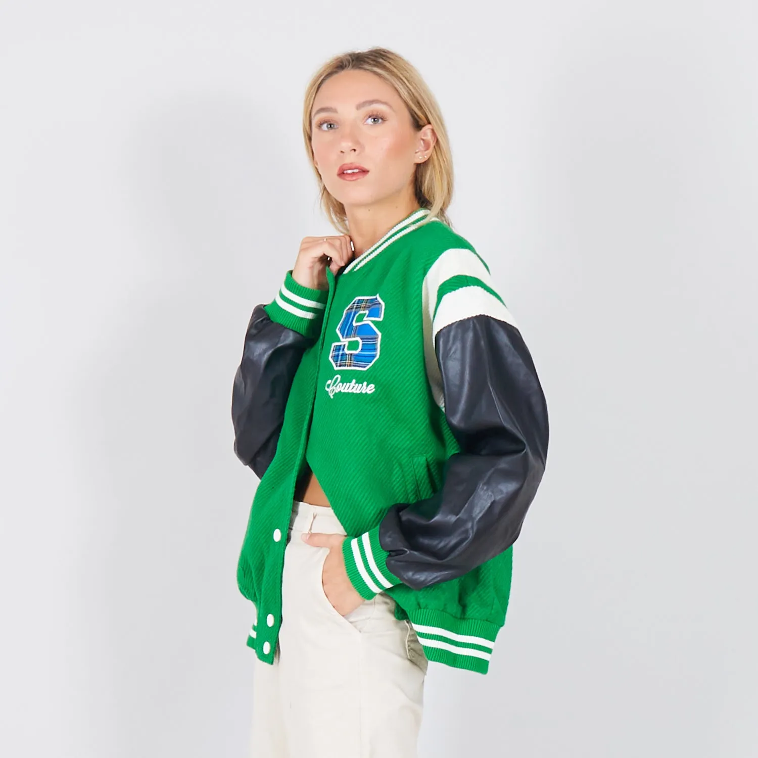 Wholesale collage jacket with faux leather sleeves