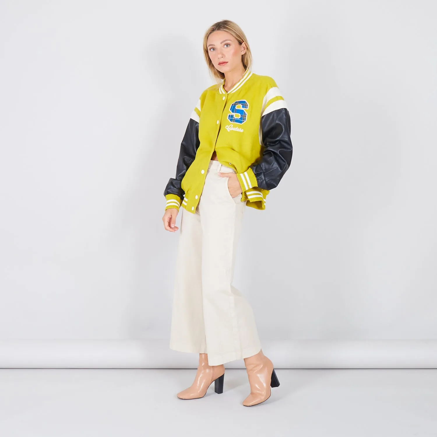 Wholesale collage jacket with faux leather sleeves