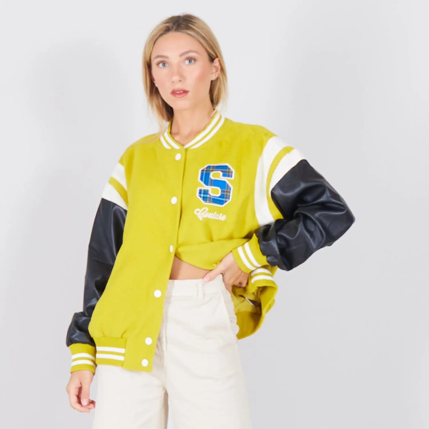 Wholesale collage jacket with faux leather sleeves