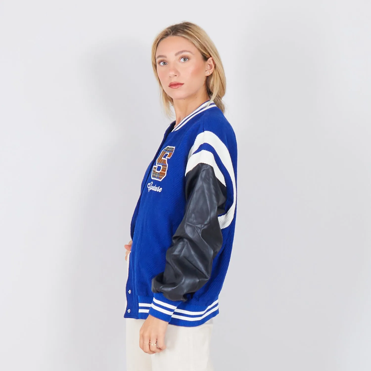 Wholesale collage jacket with faux leather sleeves