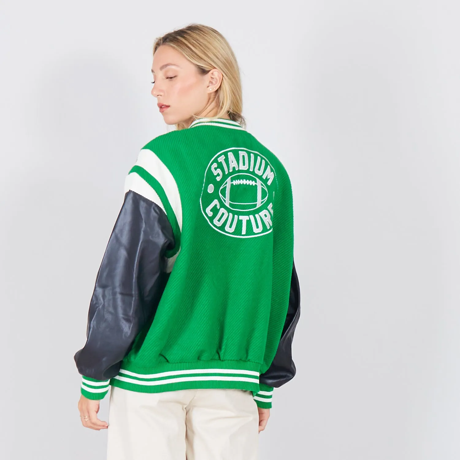 Wholesale collage jacket with faux leather sleeves