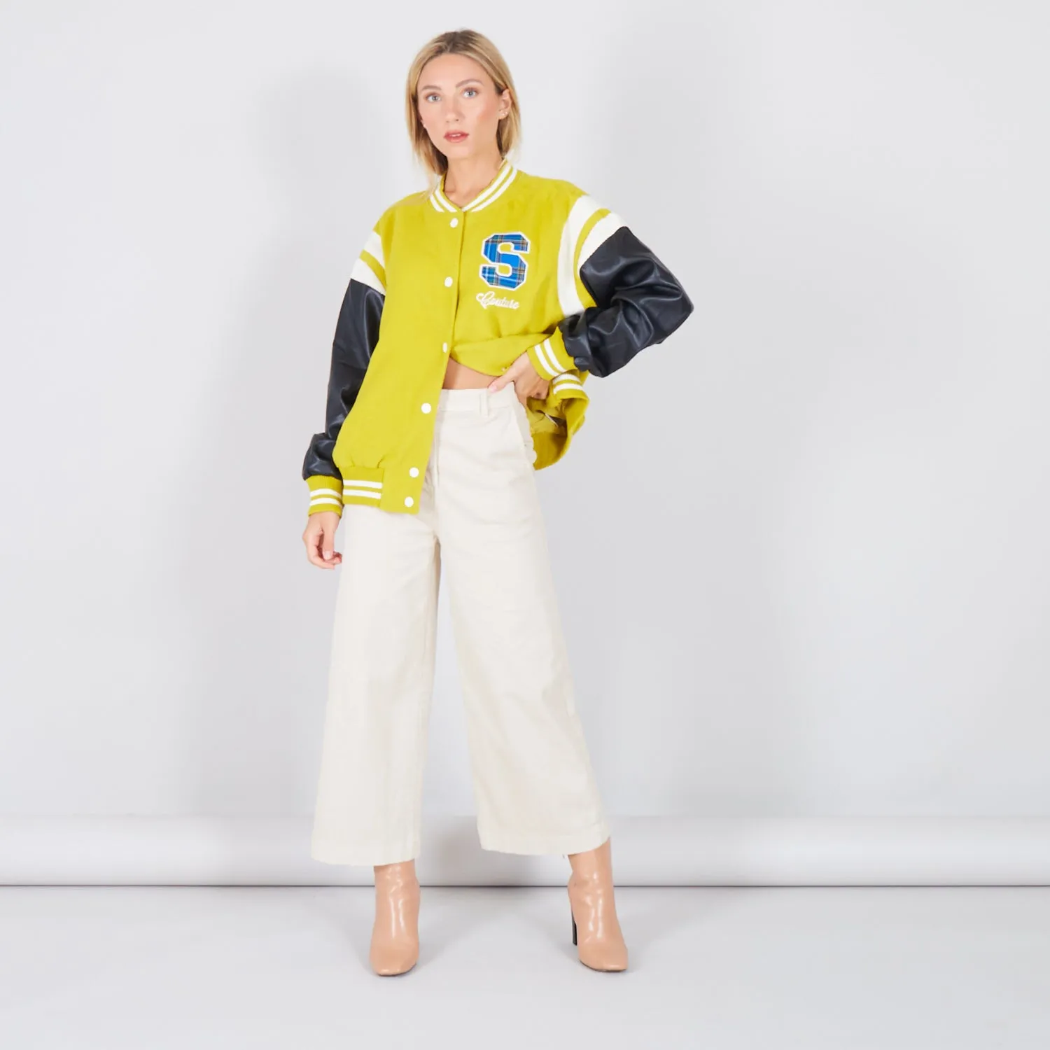 Wholesale collage jacket with faux leather sleeves