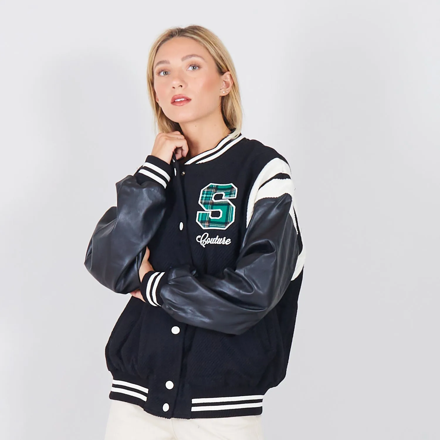 Wholesale collage jacket with faux leather sleeves