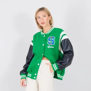 Wholesale collage jacket with faux leather sleeves