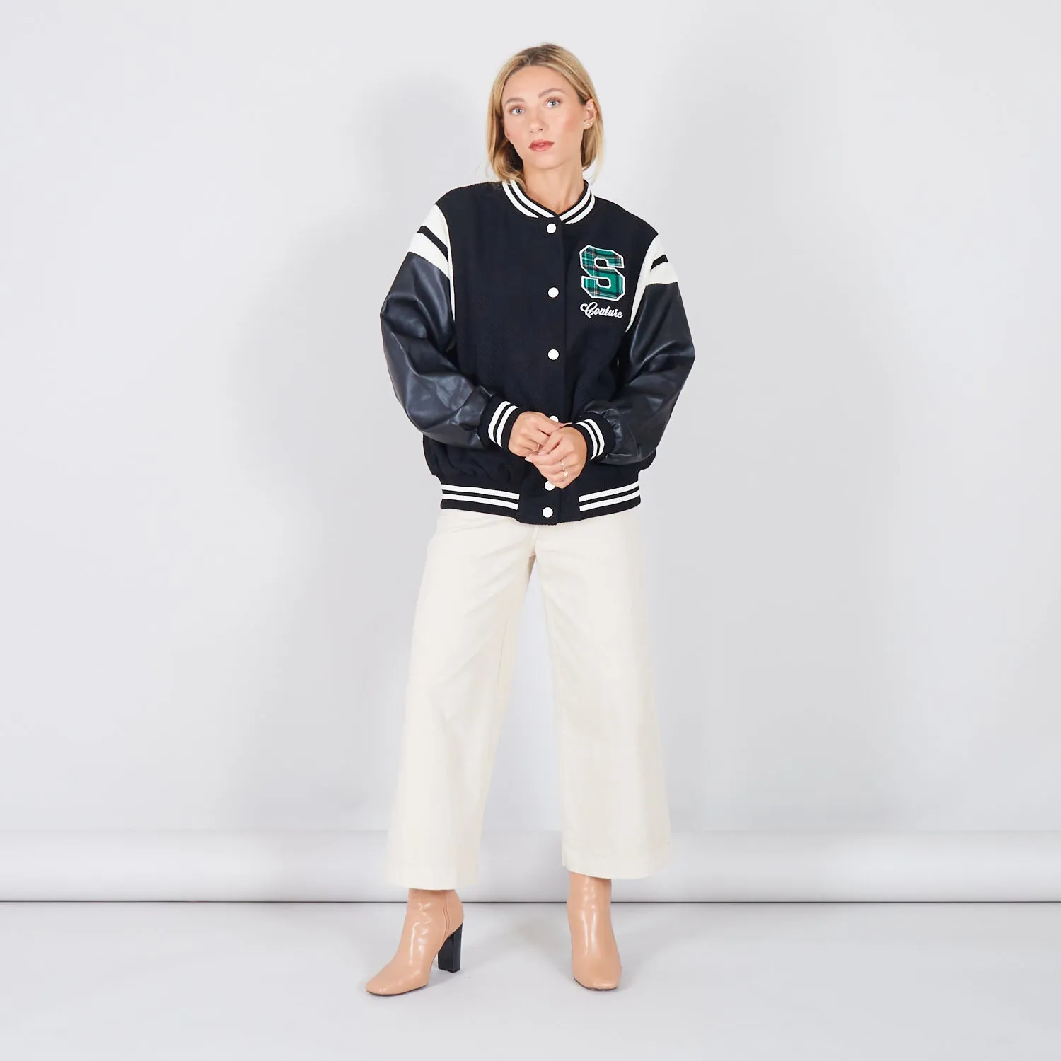 Wholesale collage jacket with faux leather sleeves