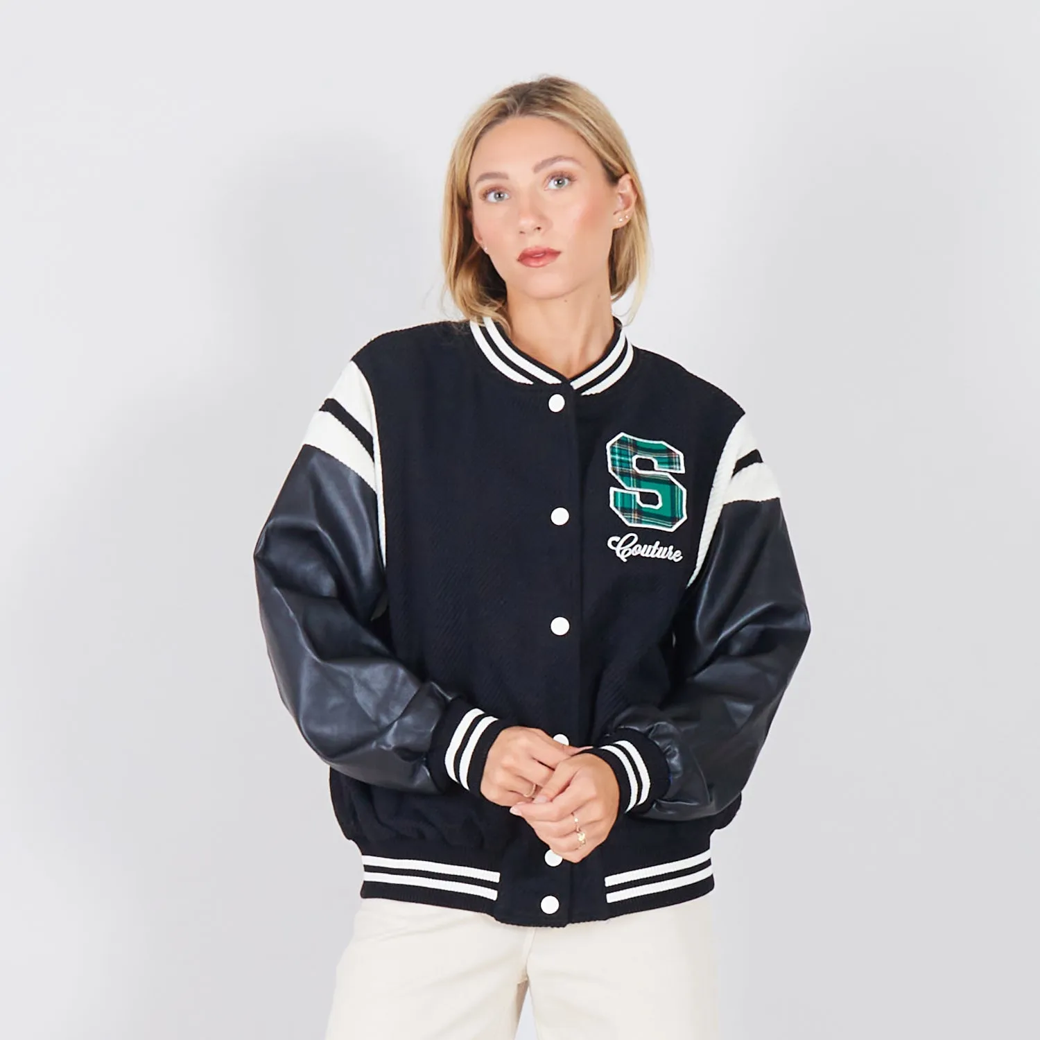 Wholesale collage jacket with faux leather sleeves