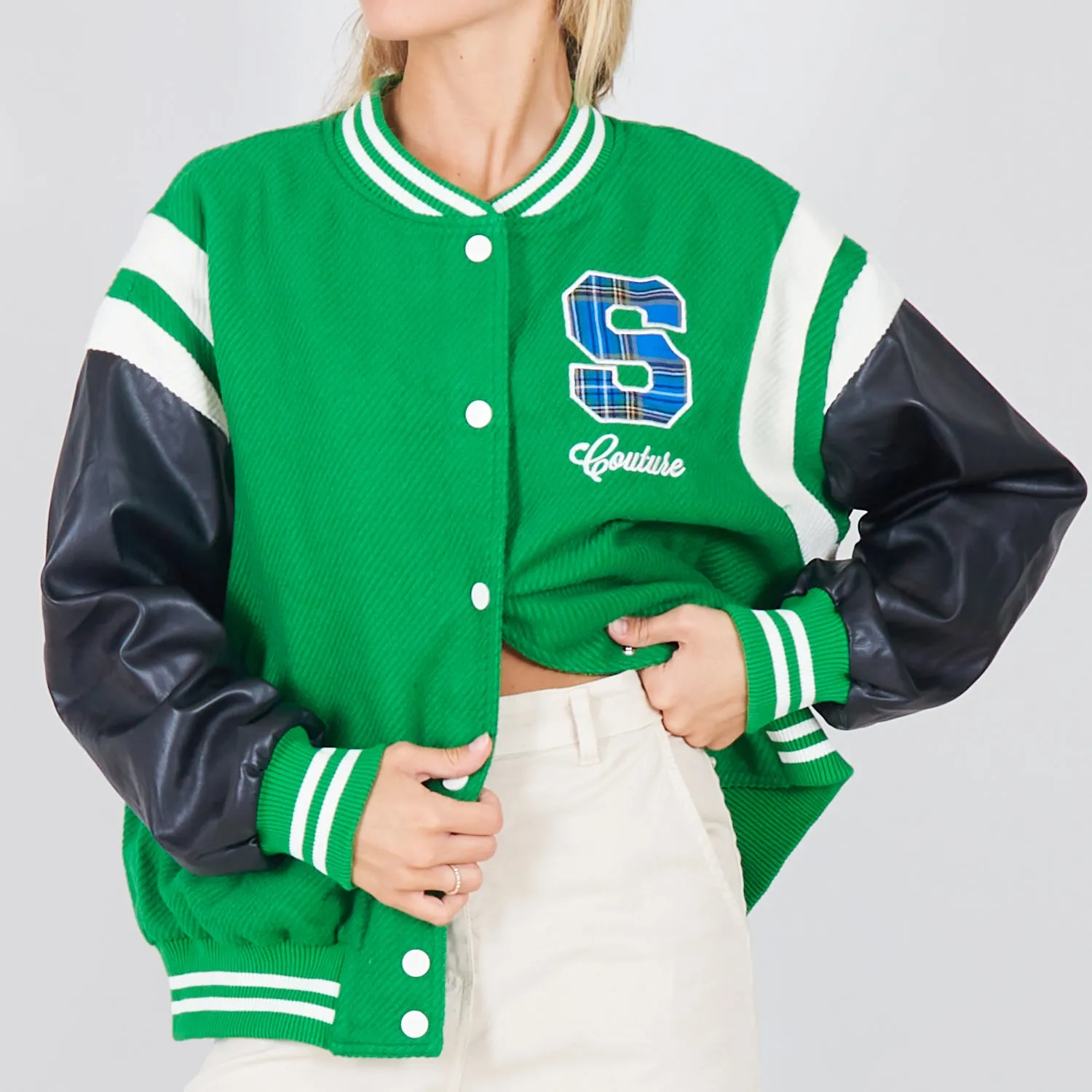 Wholesale collage jacket with faux leather sleeves