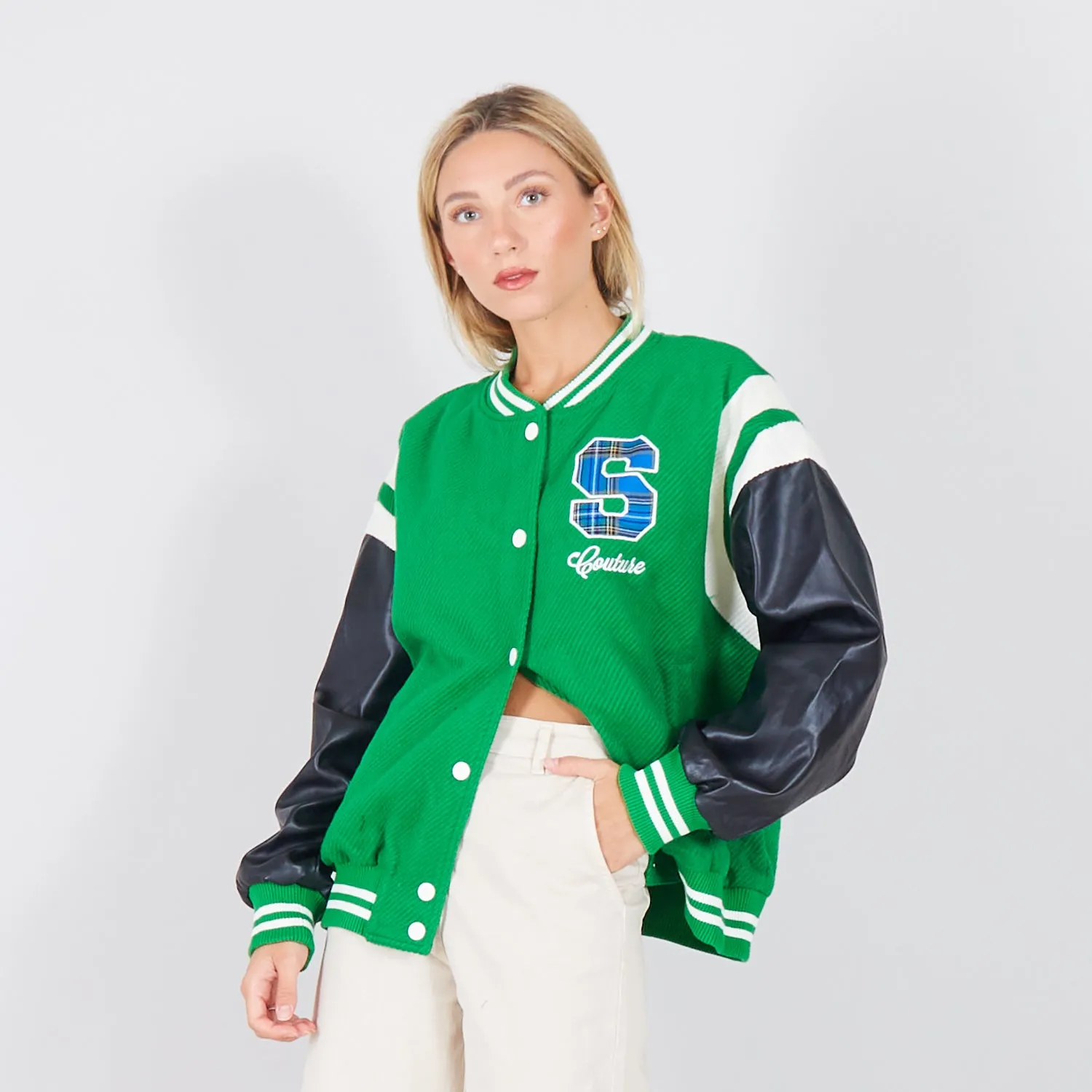 Wholesale collage jacket with faux leather sleeves