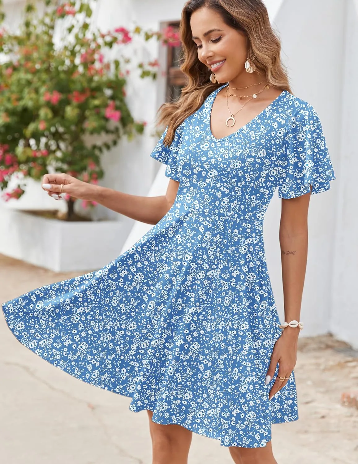 Zeagoo Womens Casual Swing Floral Ruffle Short Sleeve Sundresses