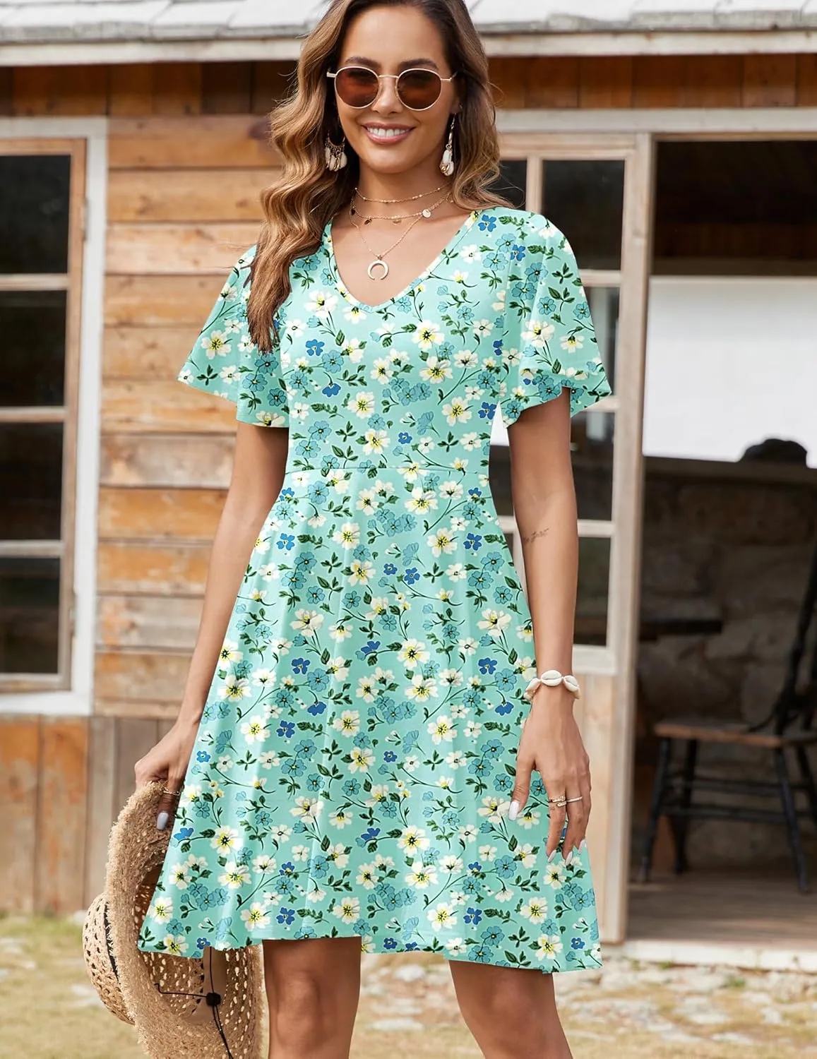 Zeagoo Womens Casual Swing Floral Ruffle Short Sleeve Sundresses