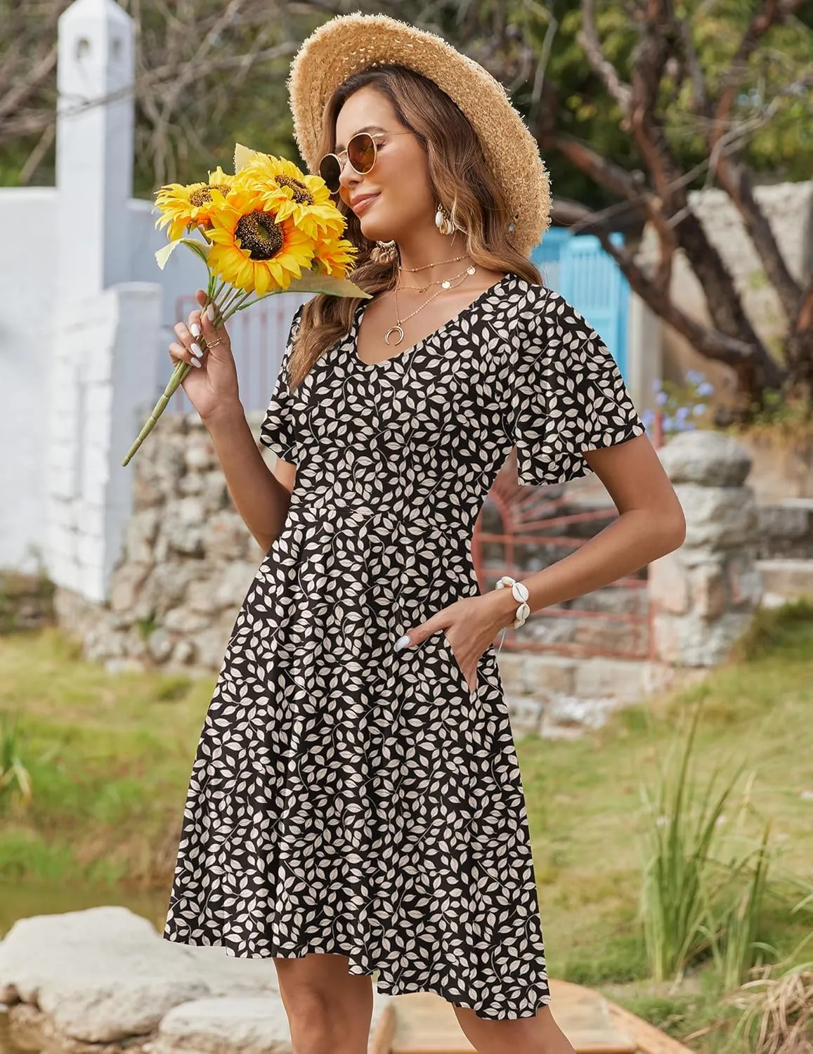 Zeagoo Womens Casual Swing Floral Ruffle Short Sleeve Sundresses