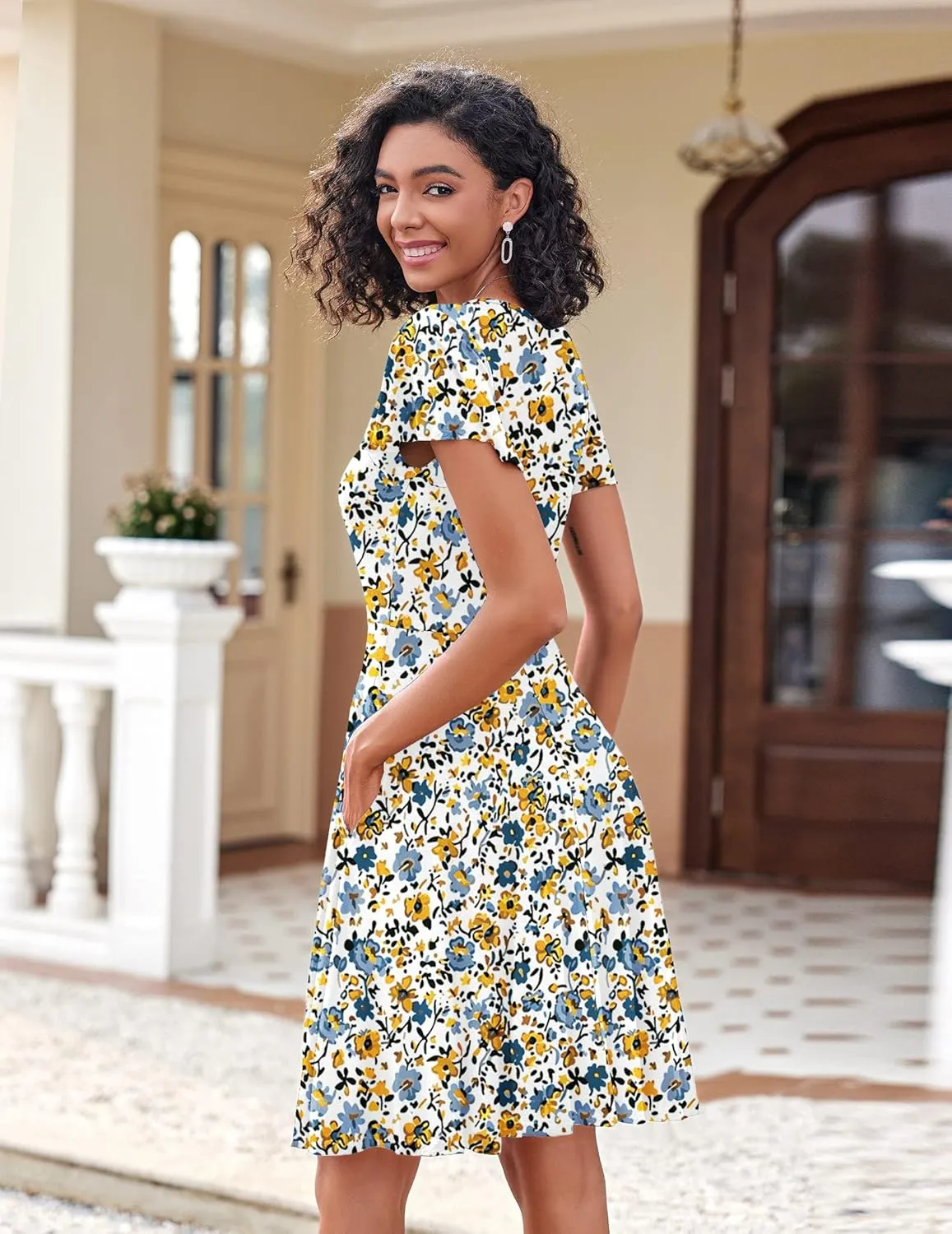 Zeagoo Womens Casual Swing Floral Ruffle Short Sleeve Sundresses