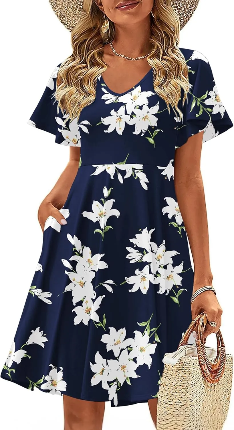 Zeagoo Womens Casual Swing Floral Ruffle Short Sleeve Sundresses