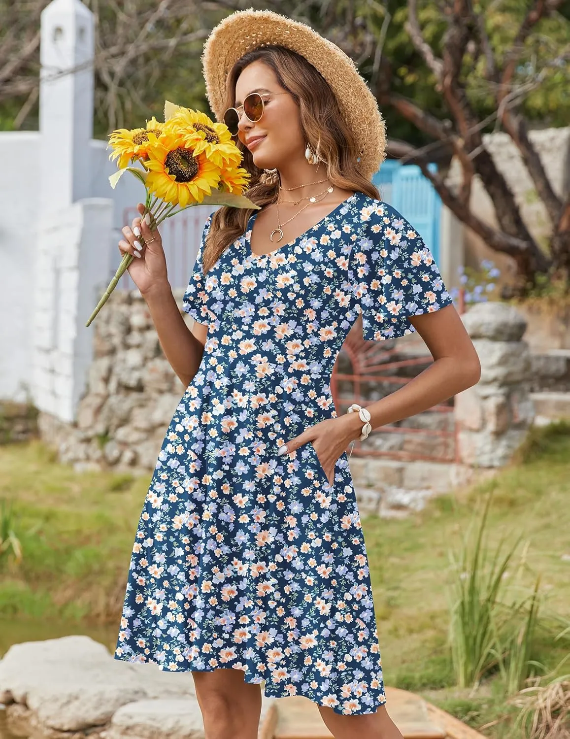 Zeagoo Womens Casual Swing Floral Ruffle Short Sleeve Sundresses