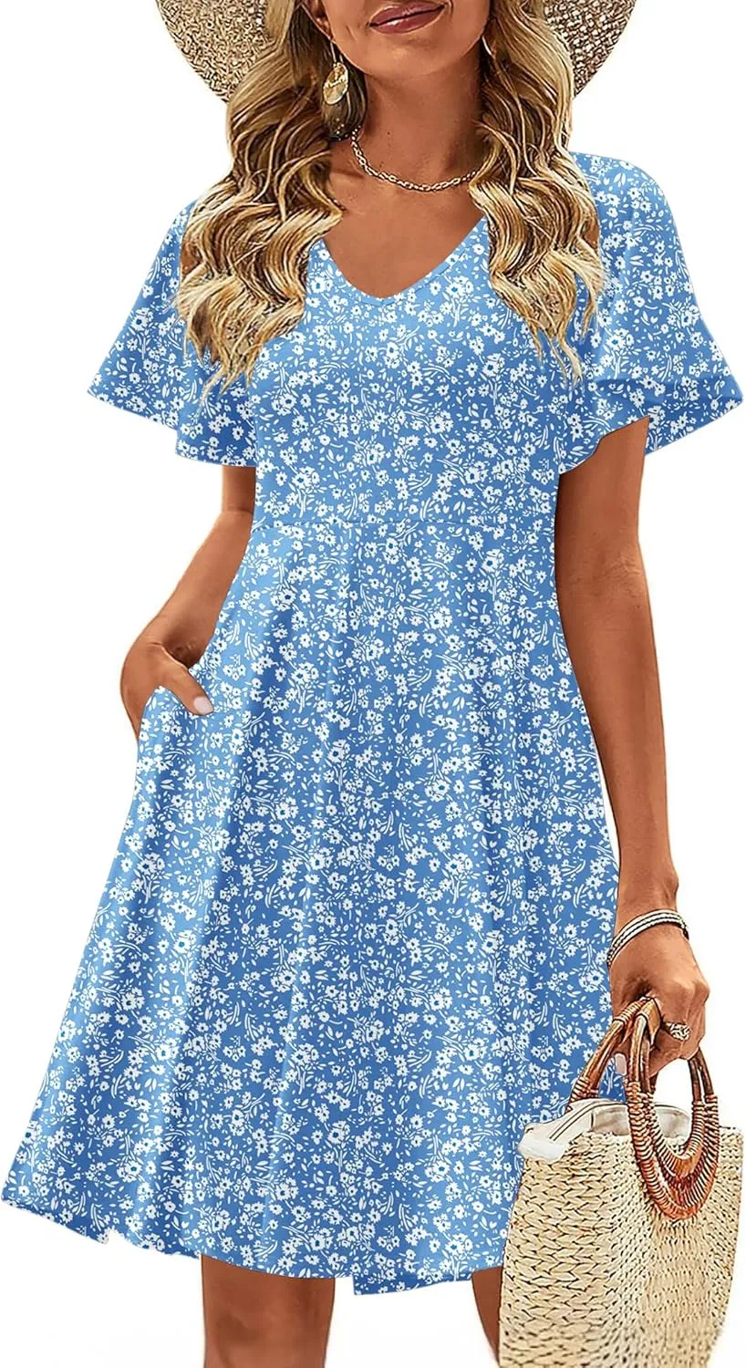 Zeagoo Womens Casual Swing Floral Ruffle Short Sleeve Sundresses